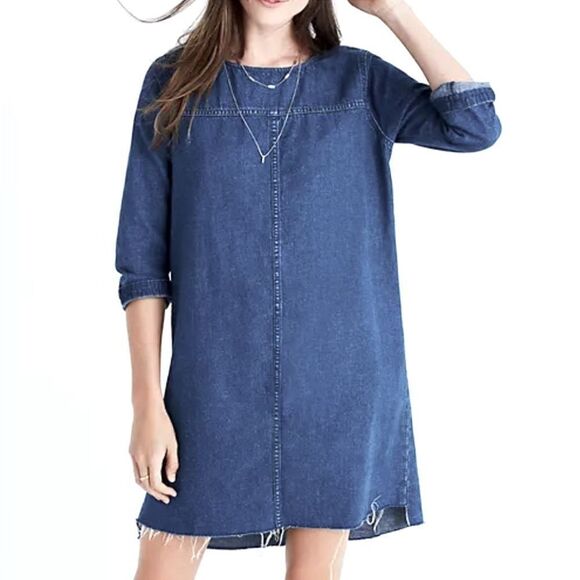 Madewell Denim Step Hem Shift Pullover Dress XXS Wash Raw Hem Cut Off Dress - Picture 1 of 15